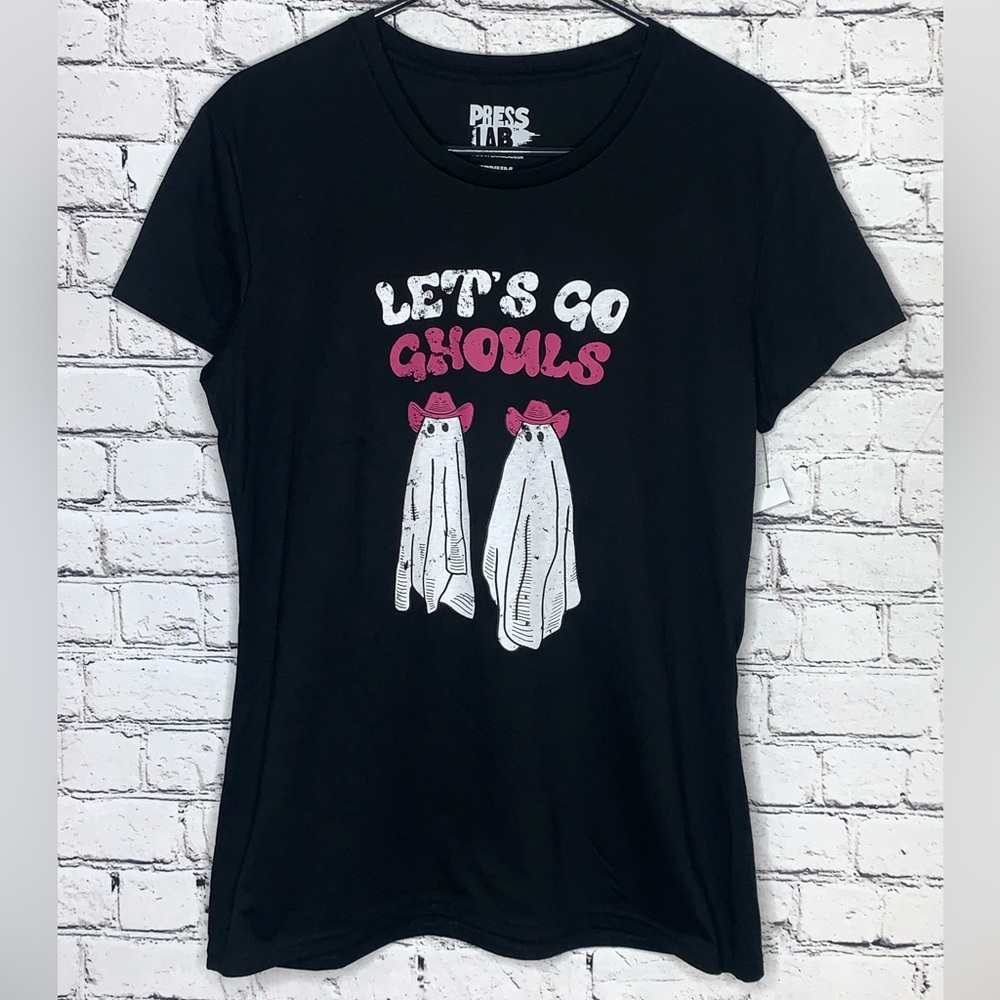Halloween Funny Graphic Women’s Medium Let’s Go Ghouls T-Shirt Black- NWT